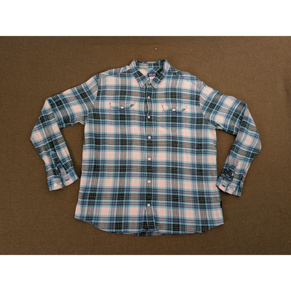 Patagonia Button Up Shirt Mens Large Plaid Pockets Organic‎ Cotton Outdoors